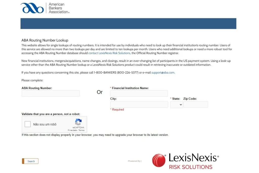 Página para encontrar ABA Routing Number.