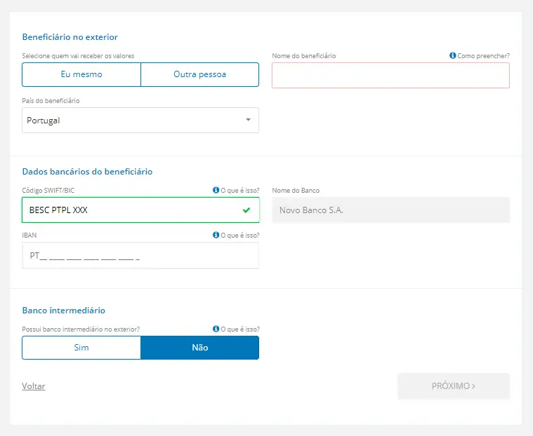 Não se esqueça de incluir os códigos SWIFT/BIC e IBAN da conta do beneficiário