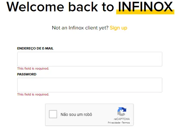 Tela de login da Infinox