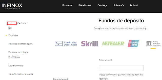 Tela inicial da Infinox, onde é possível ver os dados da conta e código SWIFT