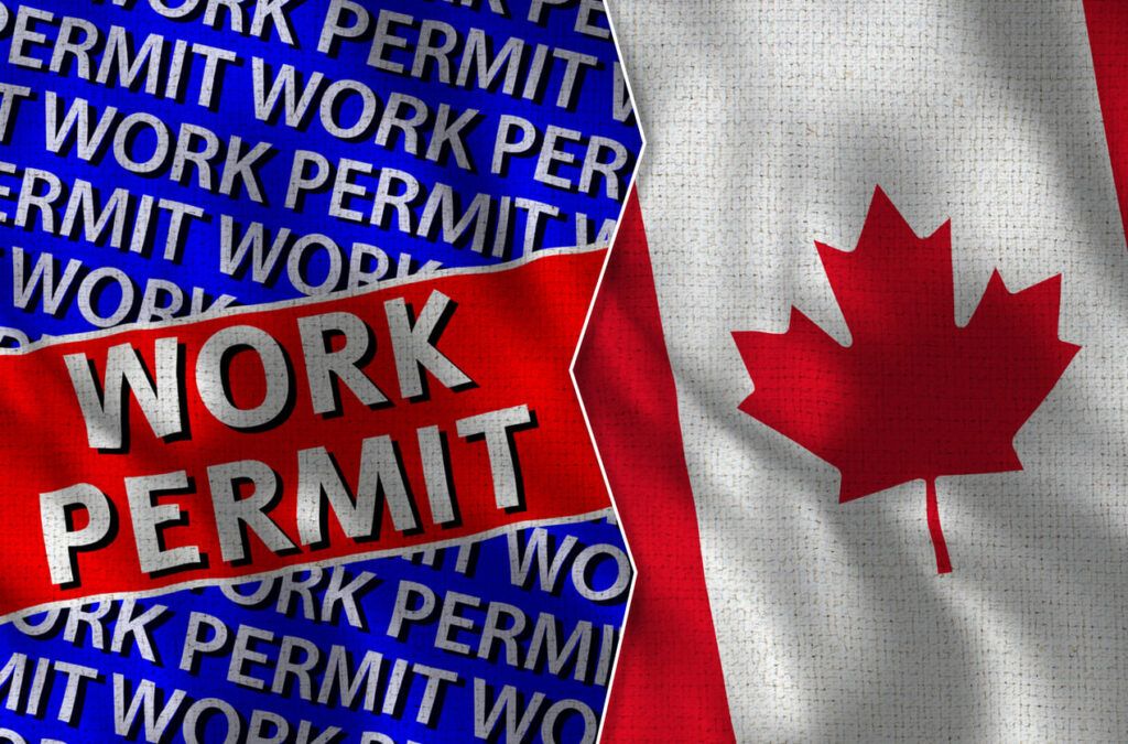 Montagem com a bandeira do Canadá, simbolizando a permissão para trabalhar no país (work permit). 