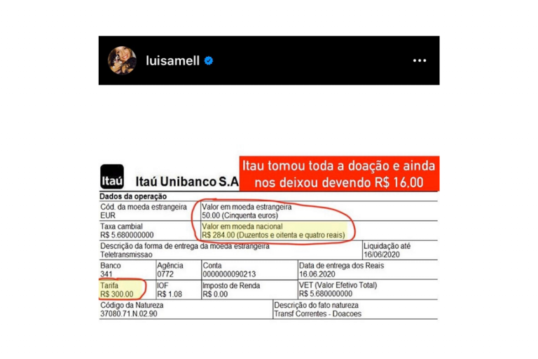 Luisa Mell recebe doação de 50 euros e fica devendo R$ 16 para o banco Itaú