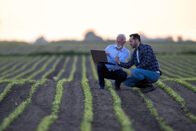 Dois homens do agronegócio trabalhando em uma agtech