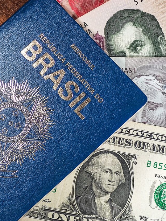 novo passaporte brasileiro e notas de dólar, real e peso