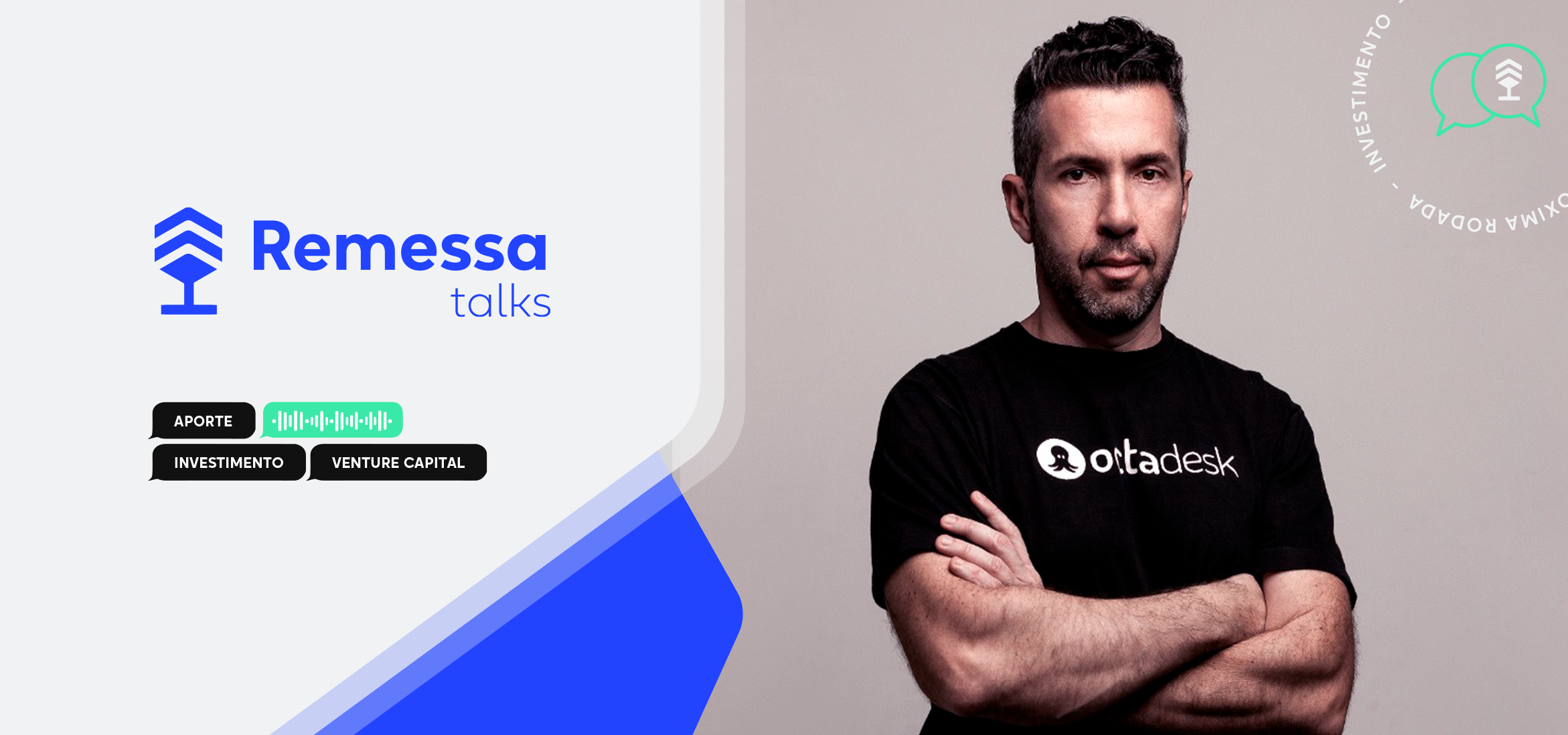 Arte cinza e azul com foto de Rodrigo Ricco, Fundador da Octadesk no Remessa Talks #60