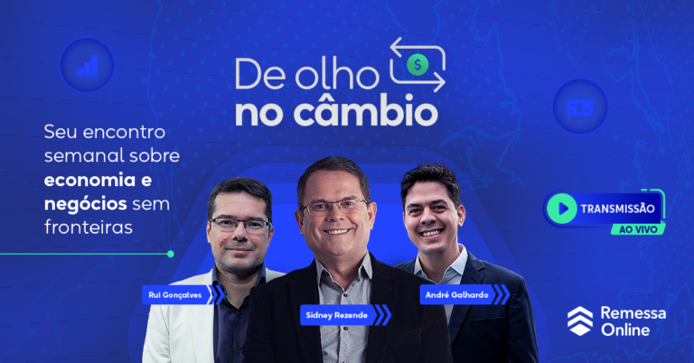 Imagem escrito "De Olho no Câmbio" com fotos dos jornalistas Sidney Rezende e Rui Gonçalves e do economista André Galhardo