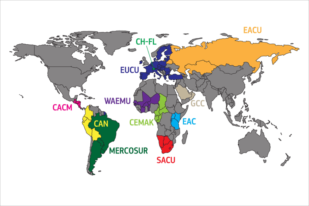 Mapa que mostra exemplos de União Aduaneira pelo mundo