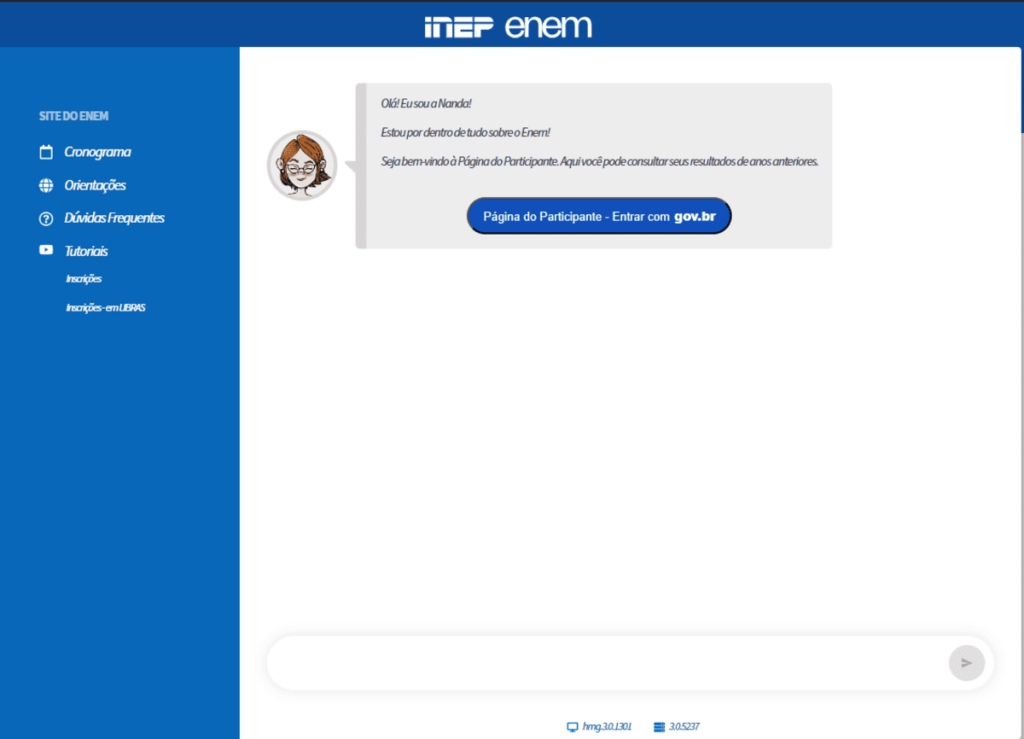 Página oficial de participante do Enem