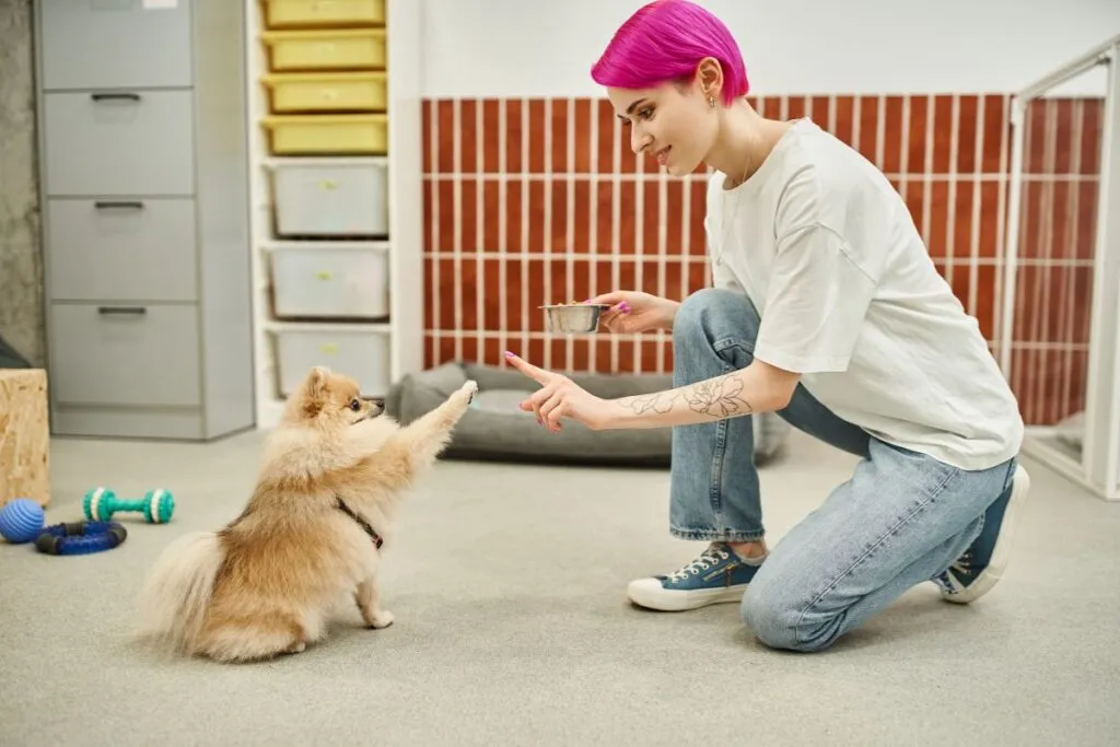 Cuidadora com pet na creche. 